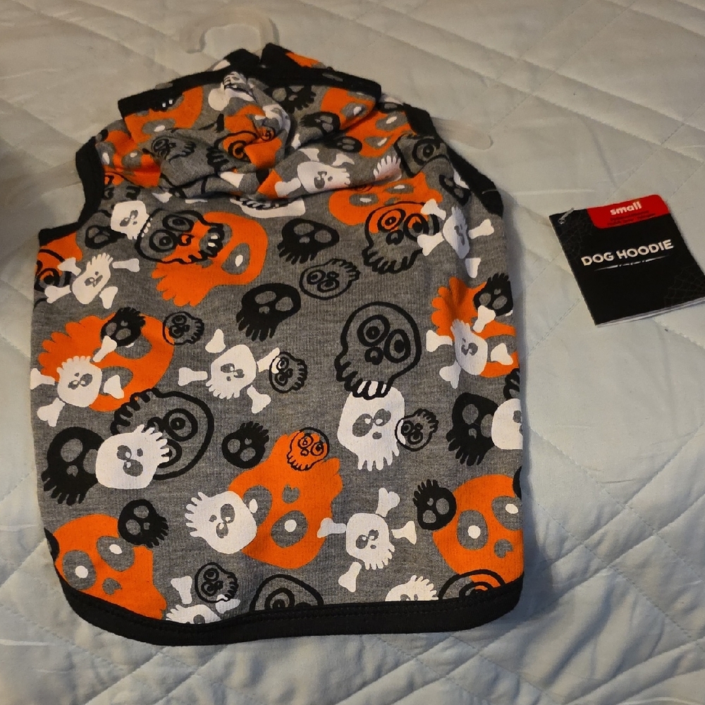 Spooky Skull Dog Hoodie in Gray and Orange Size Small